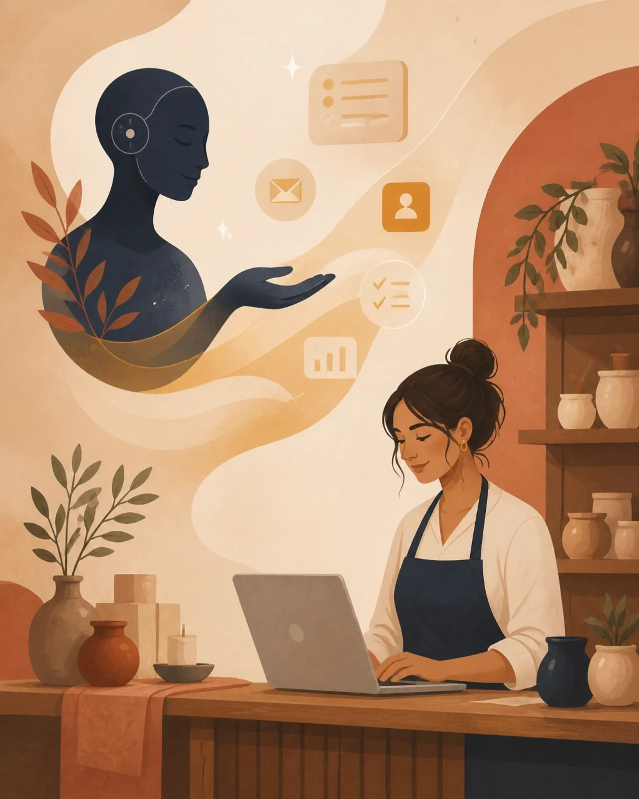 Warm abstract illustration of an AI assistant working quietly in the background