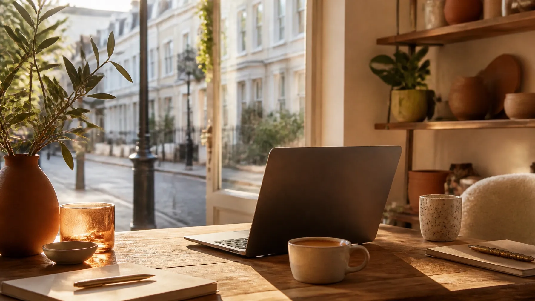 A warm, sunlit small-business workspace with a glowing laptop and coffee